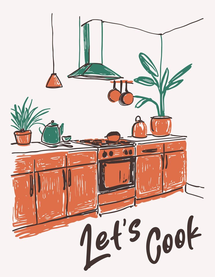 Vettore illustrazione di cucina in stile disegno