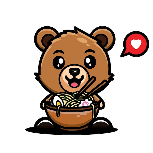 illustrazione di design simpatico personaggio di un orso che mangia ramen