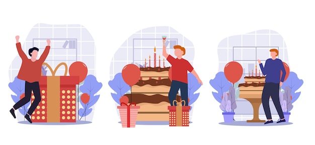 Illustrazione di disegno della festa di compleanno del pacchetto piatto