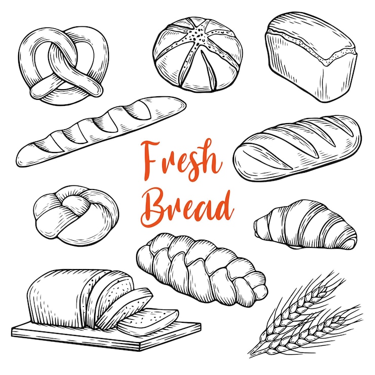 Vettore illustrazione di disegno di linea del pane collezione di incisioni