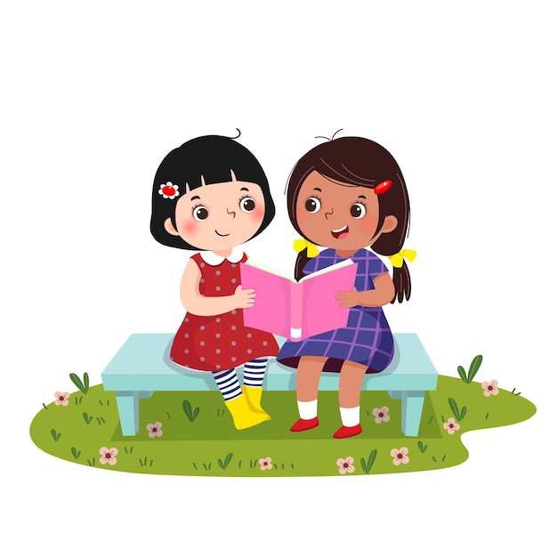 illustrazione di due bambine sedute sulla panchina e leggere il libro insieme.
