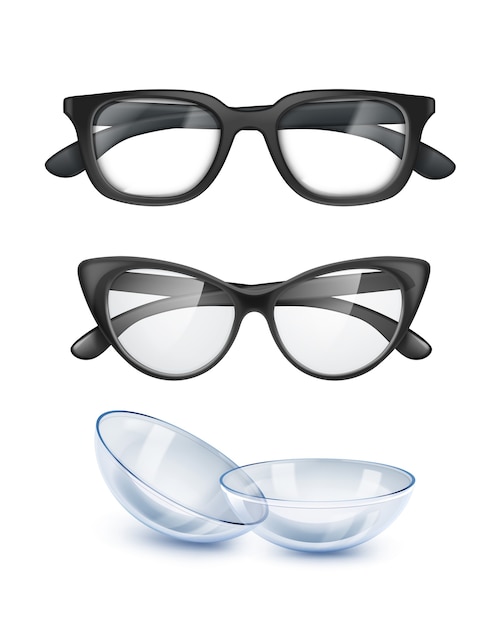 illustrazione di due occhiali cerchiati di nero per la visione e il modello di lenti a contatto