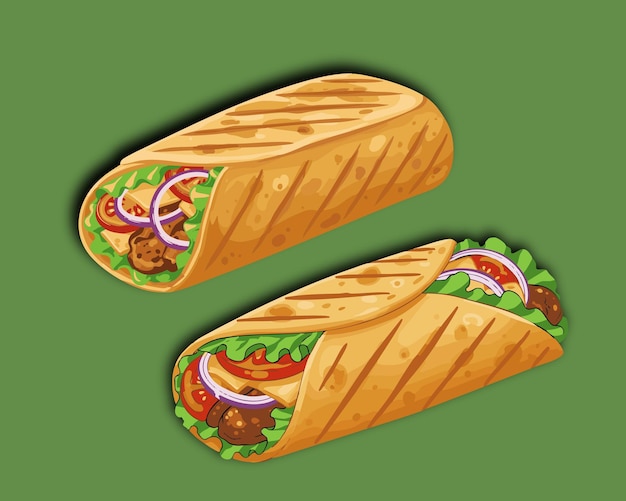 Illustrazione di due Shawarma wrap in stile cartone animato con carne, verdure e salsa a colori vivaci