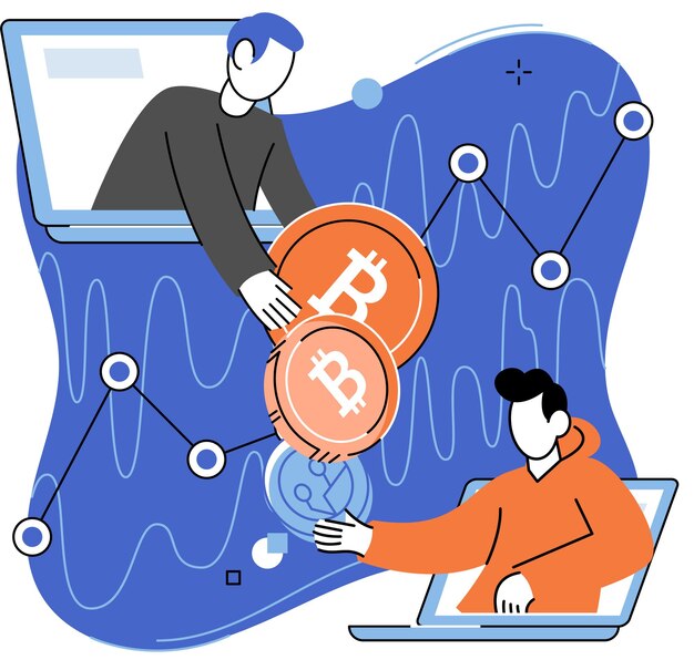 Illustrazione di estrazione di valuta criptata Concetto di criptovaluta con minatori e monete Giovani uomini con computer portatili che lavorano nella miniera di bitcoin Concetto di tecnologia di transazione Blockchain mercato monetario virtuale