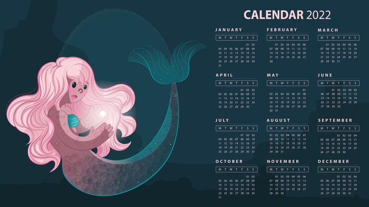 Illustrazione di fantasia vettoriale del modello di calendario completo della sirena 2022