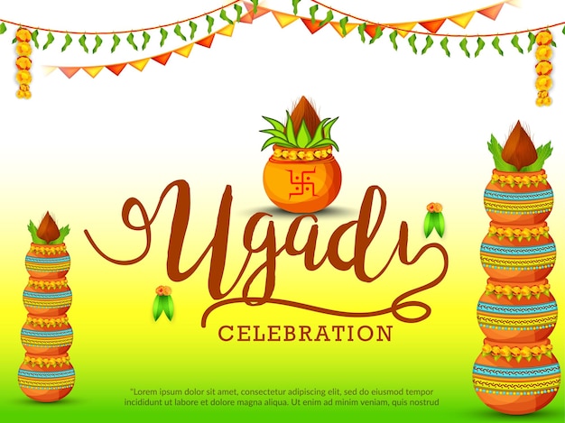 Illustrazione Di Felice Ugadi Gudi Padwa Poster O Banner Offerta Sfondo Con Kalash Decorato.
