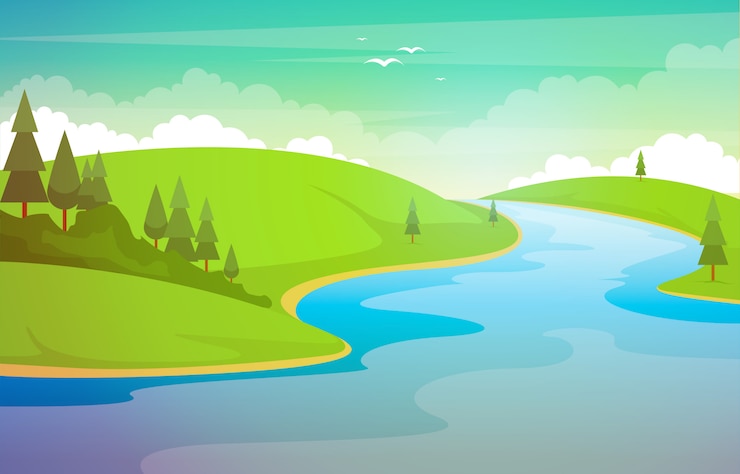 Vettore illustrazione di forest beautiful rural nature landscape illustration della montagna del fiume di bobina