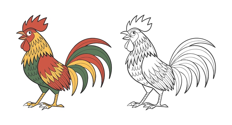 Vettore illustrazione di gallo e pagina da colorare