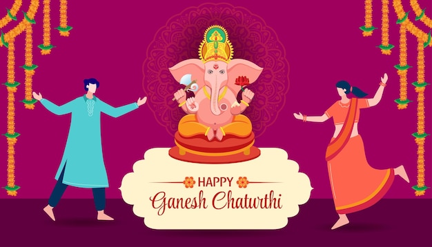 Illustrazione di Ganesh Chaturthi con il Signore Ganesha e danza celebrativa