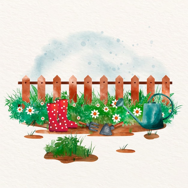 Illustrazione di giardinaggio ad acquerello con recinzione