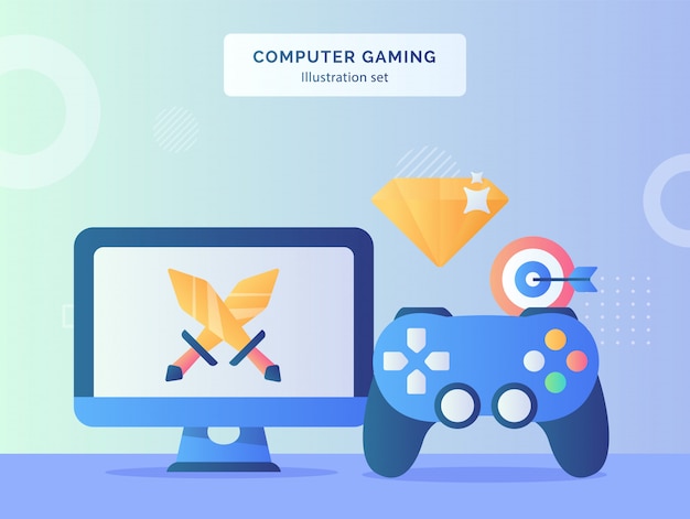 Illustrazione di gioco per computer imposta spada sul monitor di visualizzazione computer nelle vicinanze bersaglio di diamante gioco joystick con stile piatto.