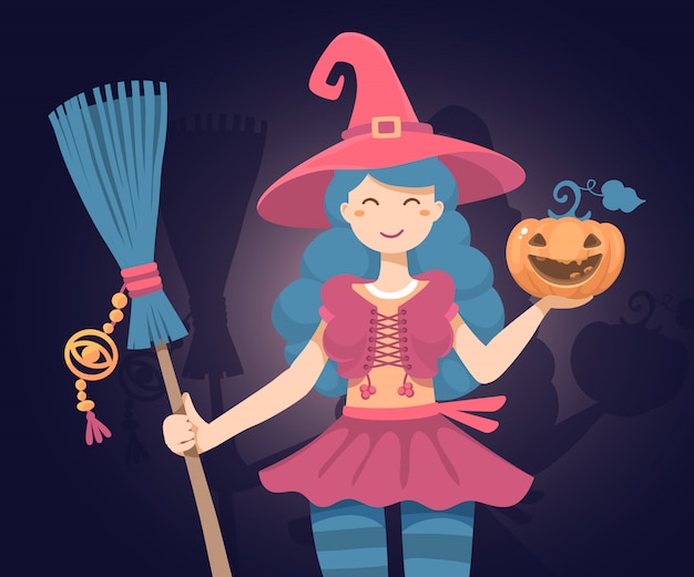 Illustrazione di Halloween del carattere della strega con la zucca arancio