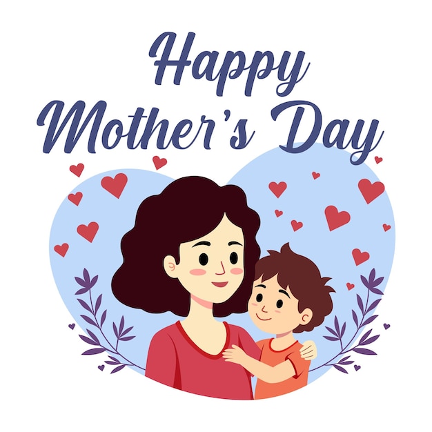 Illustrazione di Happy Mothers Day mamma e figlio abbracciano lo striscione d'amore concetto di famiglia
