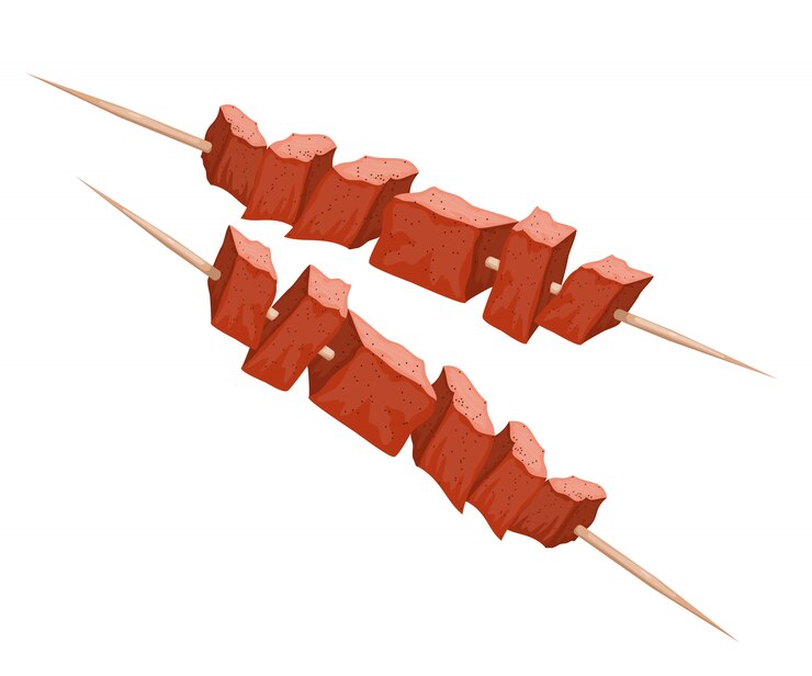 Illustrazione di kebab su spiedini di legno. Carne alla griglia Kebab in stile cartone animato. Cibo a base di carne Piatto di carne tradizionale in fiamme