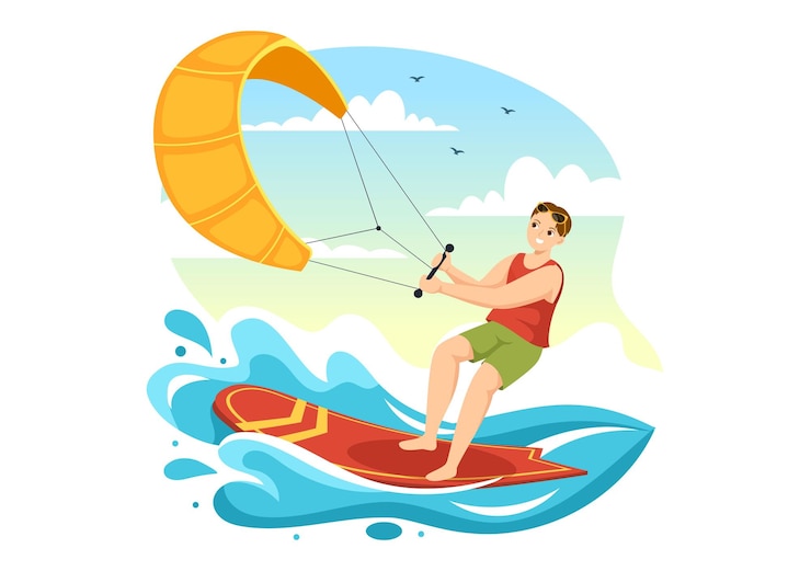 Vettore illustrazione di kitesurf con kite surfer in piedi su kiteboard in mare in cartoon hand drawn design