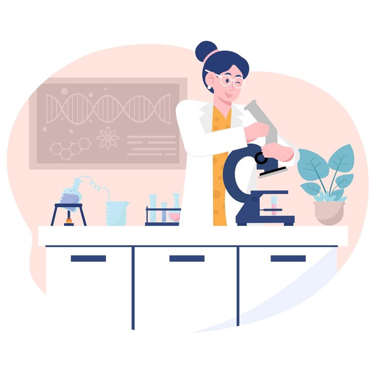 Illustrazione di laboratorio_La donna sta eseguendo un test campione con l'aiuto di un microscopio