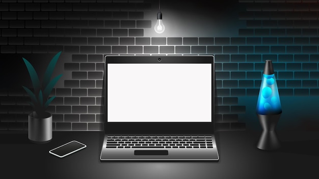 Illustrazione di laptop e desktop Modello vuoto dello schermo del computer Posto di lavoro con apparecchiature per ufficio
