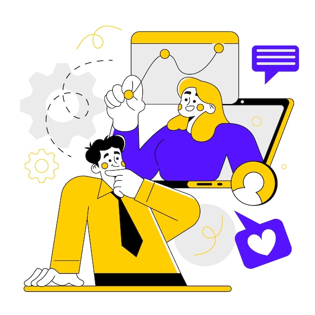 Illustrazione di marketing aziendale disegnata a mano con uomini d'affari che lavorano online
