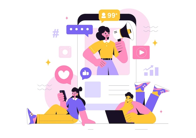 Illustrazione di marketing sui social media con un marketing digitale che aumenta i like online, i commenti e la crescita dei follower attraverso i contenuti di Internet