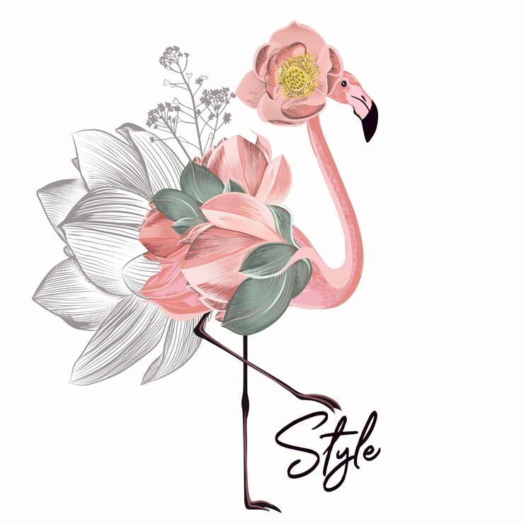Vettore illustrazione di moda creativa con fenicotteri e fiori rosa
