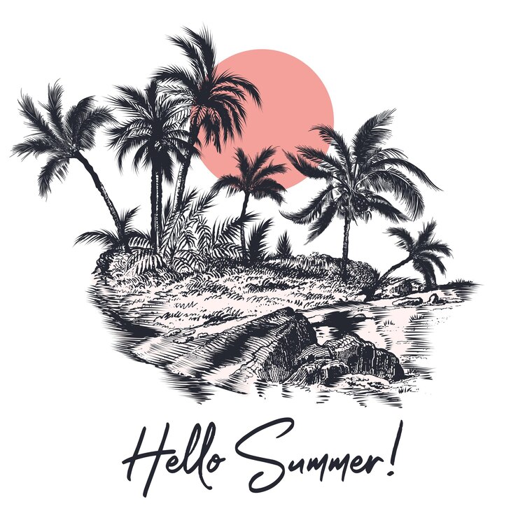 Vettore illustrazione di moda per abbigliamento ciao estate poster design vettoriale con palme ocean