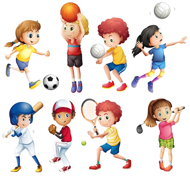 Illustrazione di molti bambini che fanno sport