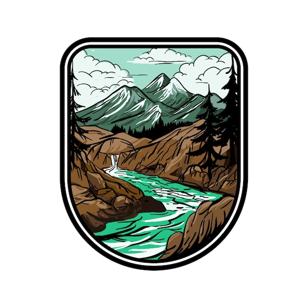 Illustrazione di montagna logo vintage vettoriale con fiume