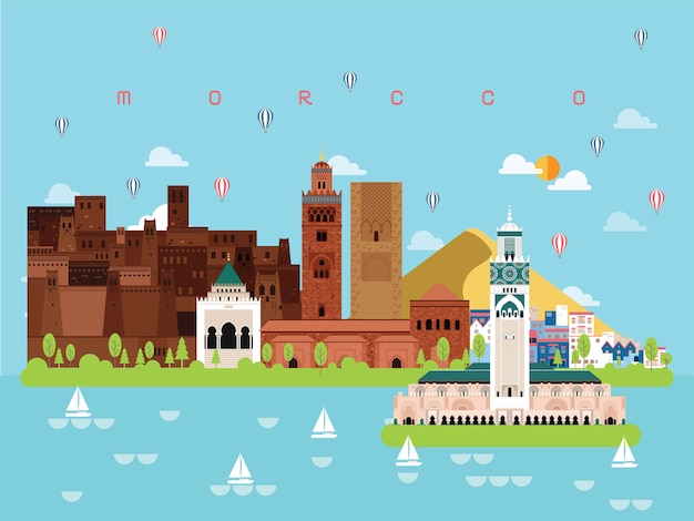 Illustrazione di monumenti famosi del Marocco