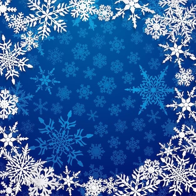 Illustrazione di Natale con cornice circolare di grandi fiocchi di neve bianchi con ombre su sfondo blu