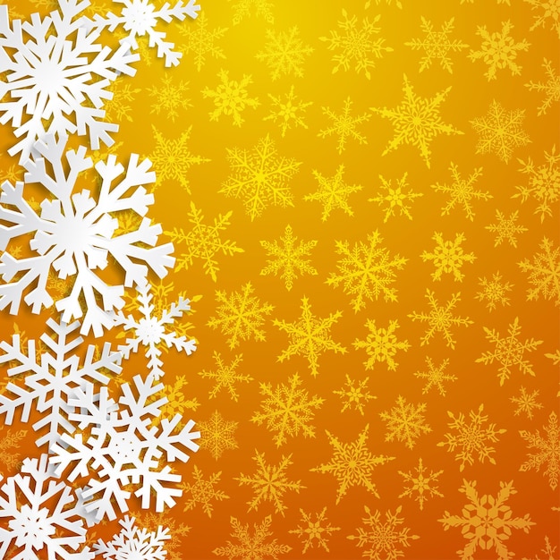 Illustrazione di Natale con grandi fiocchi di neve bianchi con ombre su sfondo giallo