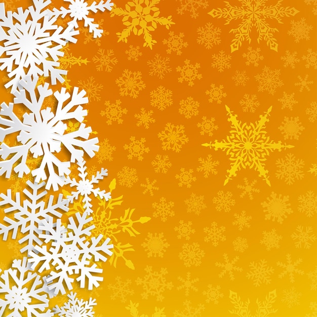 Illustrazione di Natale con grandi fiocchi di neve bianchi con ombre su sfondo giallo