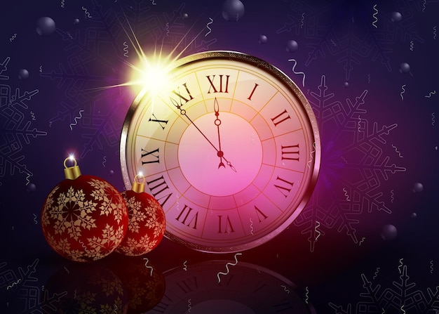 Illustrazione di Natale con orologio a cerchio in oro con mosaico