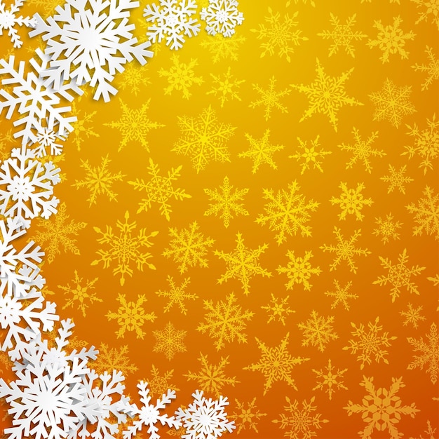 Illustrazione di Natale con semicerchio di grandi fiocchi di neve bianchi con ombre su sfondo giallo