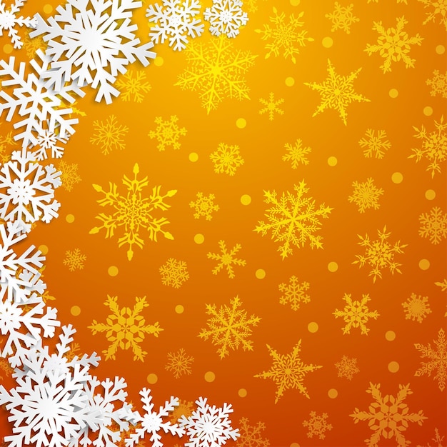 Illustrazione di Natale con semicerchio di grandi fiocchi di neve bianchi con ombre su sfondo giallo