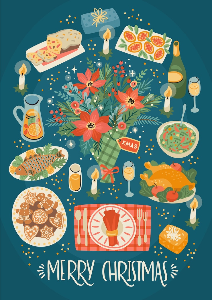 Vettore illustrazione di natale e felice anno nuovo della tavola di natale. pasto festivo. stile retrò alla moda.