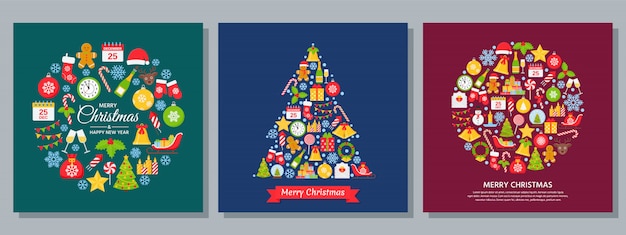 Illustrazione di natale. Impostare la cartolina d'auguri in design piatto.