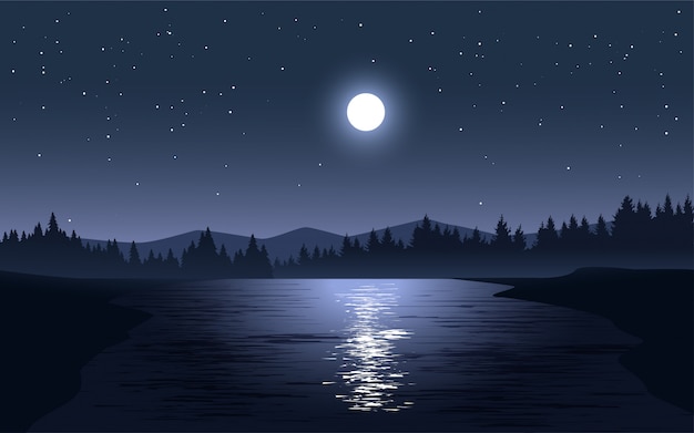 Illustrazione di notte con la luna piena e le stelle