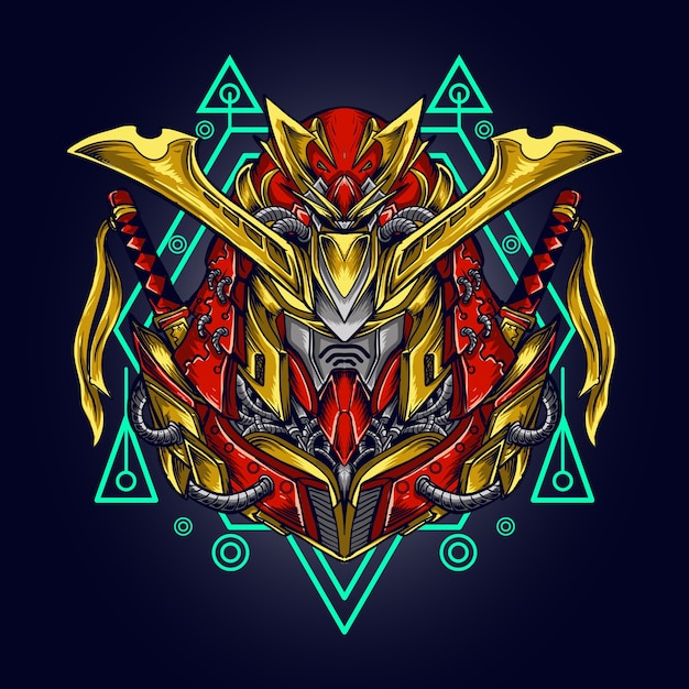 illustrazione di opere d'arte e t-shirt mecha samurai testa di robot ronin con geometria sacra