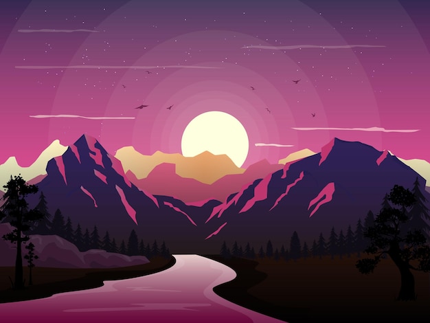 illustrazione di paesaggio notte cielo viola uccelli fiume stelle