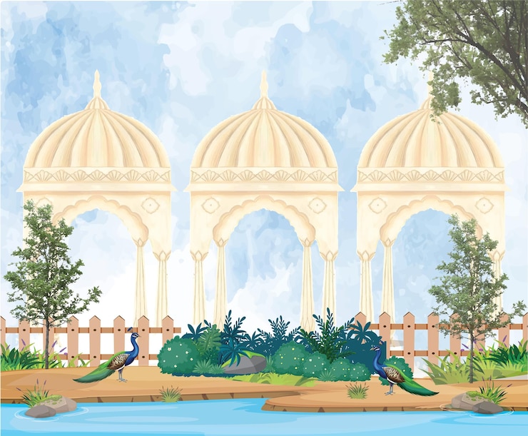 Illustrazione di pavone di pianta dell'arco del giardino Mughal Progettazione tradizionale del modello vettoriale islamico f