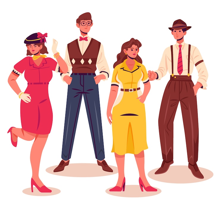 Vettore illustrazione di personaggi disegnati a mano degli anni '40