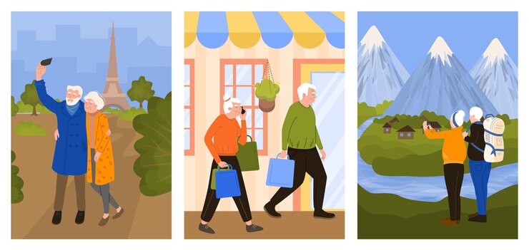 Vettore illustrazione di persone anziane imposta illustrazione vettoriale piatta della composizione del colore del viaggio