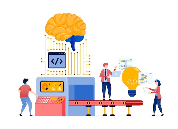Illustrazione di persone in una fabbrica di idee che usano il cervello AI e Internet per aumentare la creatività