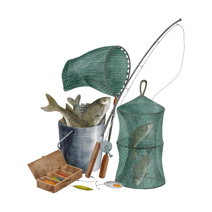 Vettore illustrazione di pesca ad acquerello con guadino per canna da pesca e cattura di pesci in un secchio