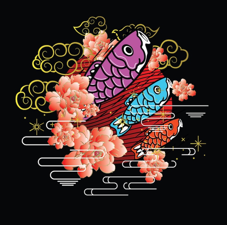 Vettore illustrazione di pesce koi con stile giapponese