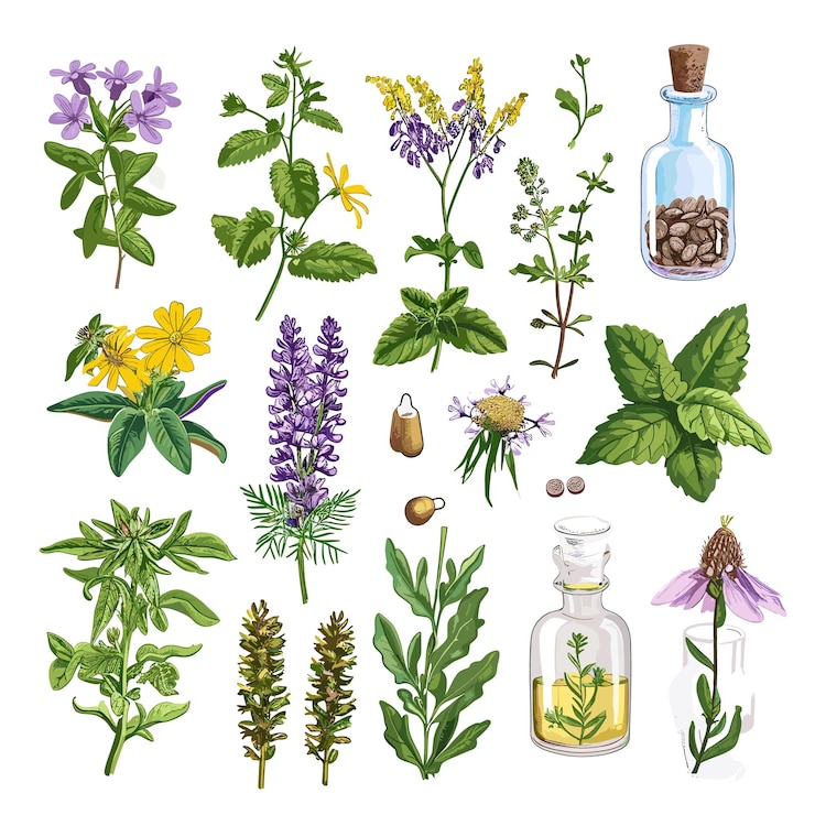 Vettore illustrazione di piante medicinali su sfondo bianco