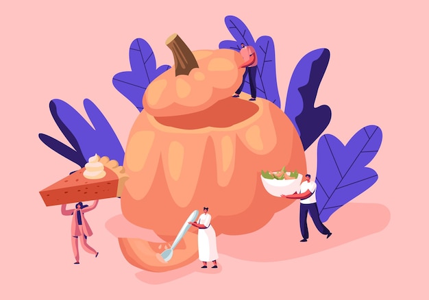 Illustrazione di piatti di zucca con piccoli personaggi maschili e femminili intorno a zucca cava enorme che tiene cibo tradizionale del ringraziamento