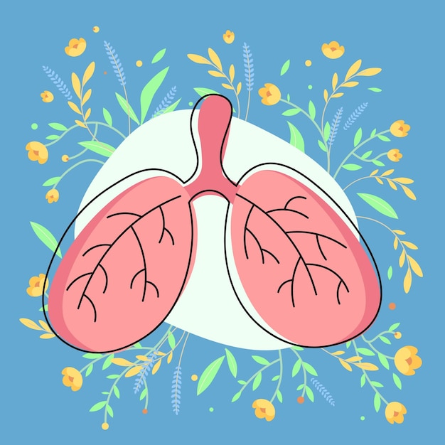 Illustrazione di polmoni umani con fiori e foglie su sfondo blu