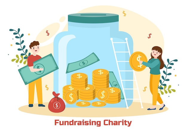 Illustrazione di raccolta fondi di beneficenza e donazione con volontari che mettono monete o denaro nella casella delle donazioni