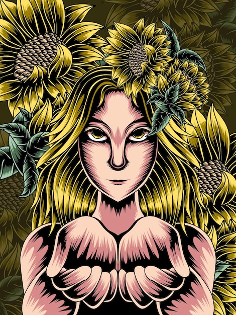 illustrazione di ragazza girasole tendendo la mano